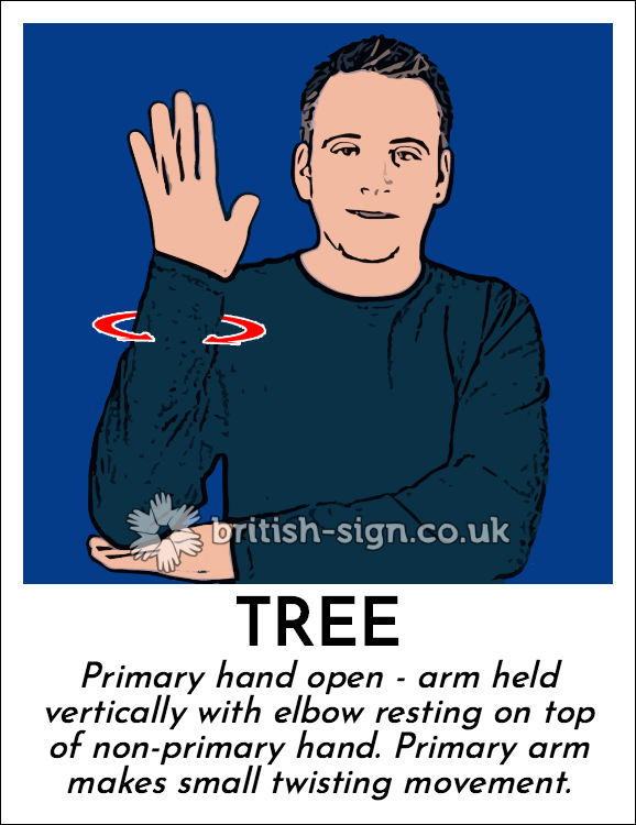 Tree: Primary hand open - arm held vertically with elbow resting on top of non-primary hand.  Primary arm makes small twisting movement.